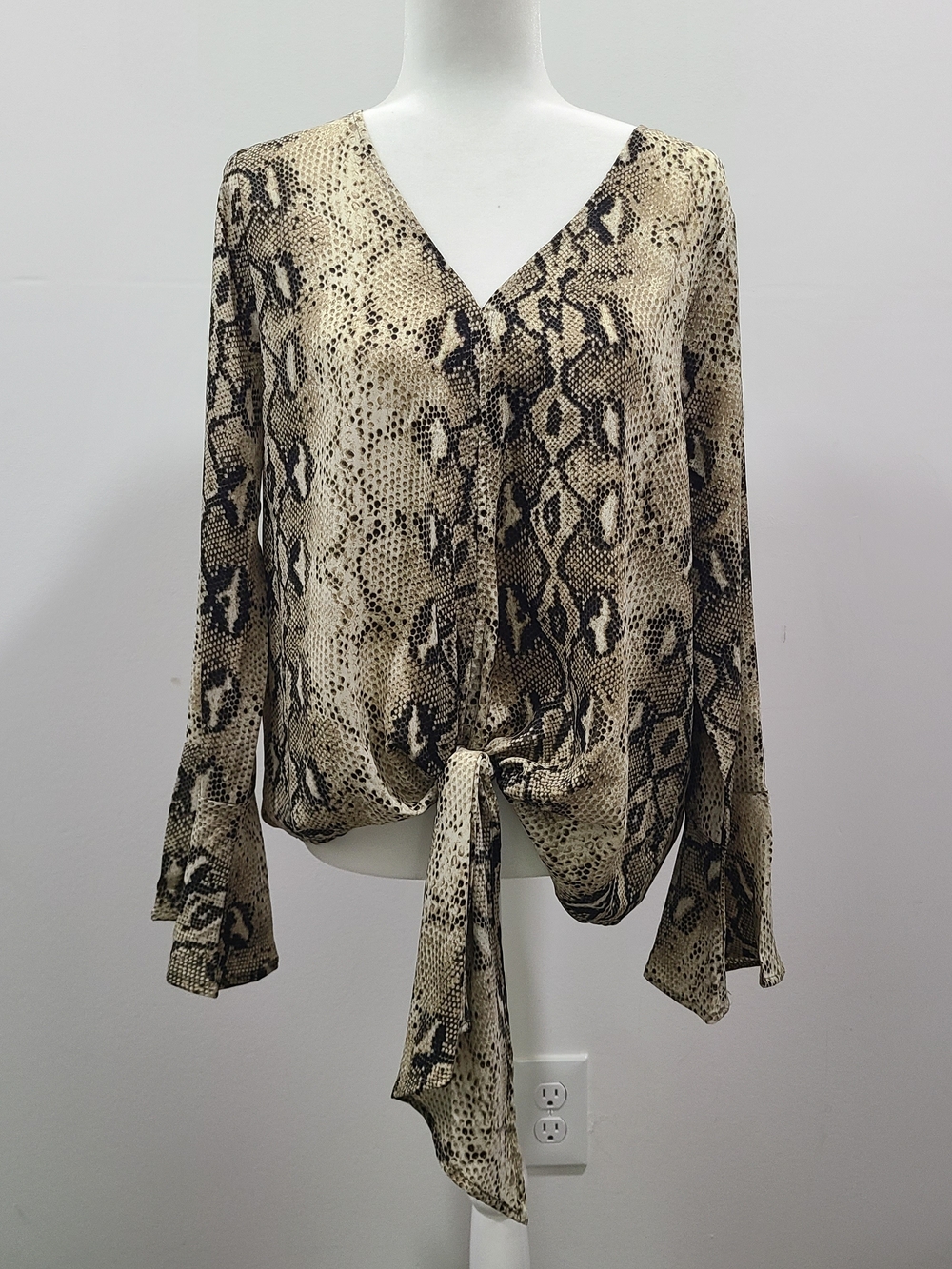 entro Neutral Snake-Print Tie-Front V-Neck Blouse